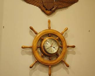 Brass Ship Clock With Wooden Helm Wheel