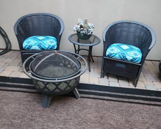 Pair Wicker Patio Chairs with pullout Ottoman & Crossfire 29.60 in. W High Heat Paint Steel Wood & Coal Outdoor Fire Pit with Screen