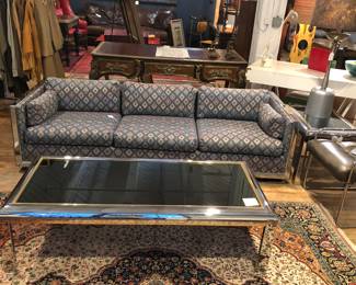 MCM chrome sofa now $500, Chrome & black glass coffee table with 2 side tables now $400