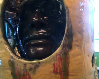 Edward E. Parker Cleveland, African-American ceramic folk art lamp with portal faces