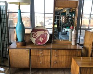 Mid Century Modern Knoll Style bedroom suite includes long dresser, chest, nightstand & 2 twin beds (if wanted). Now $1000