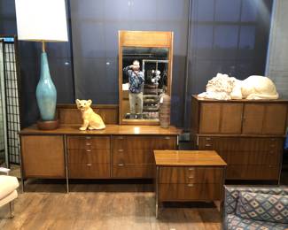 Mid Century Modern Knoll Style bedroom suite includes long dresser, chest, nightstand & 2 twin beds (if wanted). Now $1000