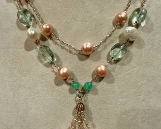 A lovely custom-made, long tail necklace, compressing, a Sterling Verme, cultured pearls, green, quartz, and seed pearls.