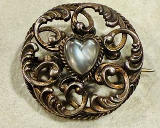 Victorian Sterling heart moonstone pin
