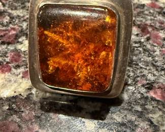 Chunky sterling silver Amber ring.