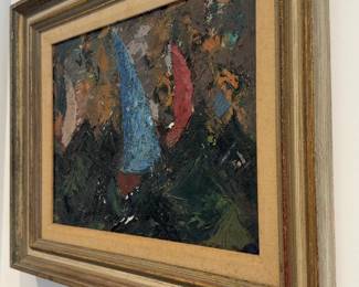 Original Mid-Century Oil Painting - Abstract Sailboats - 18 x 22