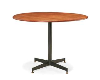 3302
A Modern occasional table
Late 20th century
The circular tabletop raised on an enameled metal pedestal with four legs
29" H x 39.25" Dia.
Estimate: $200 - $400