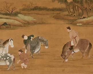 3211
A Chinese Yuan-style landscape painting with horses and grooms, Qing Dynasty, Early 20th century
Ink and pigment on fabric, originally a handscroll, now mounted on a panel and with silk borders; depicting horses with their groomers set in a landscape with trees, grass, and rocks; with a black ink inscription and red ink chopmark in Chinese that transliterates as "Yu Zhiding during the Kuichou year of the Kangxi reign"
Sight (with borders): 16.75" H x 42.5" W
Estimate: $500 - $800