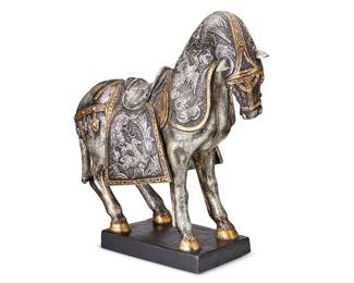 3329
A silvered and gilt ceramic figure of a horse
20th century
The ceramic horse painted black and with gilt and silvered accents caparisoned with figural motifs including cranes, a stag, and a leaping feline, raised on a rectangular base
24.25" H x 24.5" W x 9.5" D
Estimate: $100 - $200