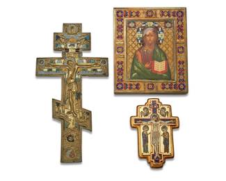 3048
Three Continental religious icons
20th century
Smaller crucifix with artist's enameled plaque affixed verso
Comprising a Russian enameled brass processional crucifix (14.875" H x 7.625" W), a champlevé enameled brass icon of Christ Pantocrator mounted on wood (8.625" H x 7.5" W x 1" D), and a San Damiano crucifix by Modest Morato (1909-1993) mounted to wood backing (7" H x 5" W x 0.625" D)
3 pieces
Estimate: $300 - $500