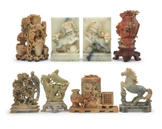 3179
A group of Chinese carved hardstone carvings
20th century
Comprising a pair of guardian lion bookends, two floriform vases, a bird figural group, a horse, a phoenix and peony group, and a group of homewares
8 pieces
Tallest vase: 7.75" H x 5.625" W x 3.5" D; Shortest: 6.125" H x 8.125" W x 2.625" D
Estimate: $200 - $400