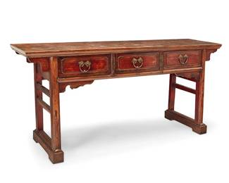 3201
A Chinese elmwood altar table
20th century
The table featuring three drawers with brass pulls, raised on slatted pedestal supports with shaped corbels
33.5" H x 71" W x 22" D
Estimate: $300 - $500