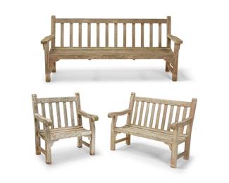 3353
Three teak wood garden benches
Early 21st century
Largest with metal plaque: Smith & Hawken
Each with slatted backs and seats, comprising a three-seater (33.25" H x 73.5" W x 26.5" D), a two-seater (38.5" H x 48" W x 28" D), and a single seater (38.25" H x 32.5" W x 28.25" D)
3 pieces
Estimate: $300 - $500