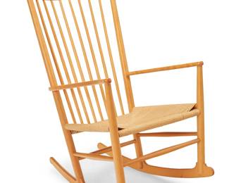 3289
Hans Wegner (1914-2007)
A J16 rocking chair for Fredericia Furniture, early 21st century
Designed 1944
Unmarked
The natural wood chair with spindle back and paper cording seat, raised on rockers
42" H x 24.25" W x 36" D
Estimate: $500 - $700