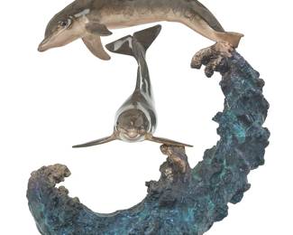 3277
Robert Wyland
(b. 1956)
"Ocean Dance," 1997
Cold-painted bronze on stone plinth
Edition: 46/350 (there were also 50 artist's proofs)
Signed, dated, and numbered in the casting: © Wyland; stone base with etched signature, title, and alternate date: Wyland / 98
Bronze: 14.25" H x 11.25" W x 8.75" D; Overall: 15" H
Estimate: $800 - $1,200