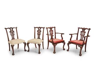 3106
Two pairs of Chippendale-style chairs
20th century
Comprising one pair of side chairs each upholstered in cream fabric and one pair of armchairs upholstered in pale red fabric, each seatback with ribbon crest rail and openwork splat, two in the Massachusetts style, raised on ball and claw feet
4 pieces
Each: 39" H x 24" W x 25.5" D
Estimate: $300 - $500
