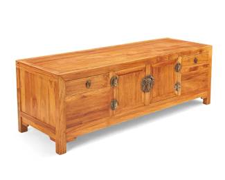 3204
A Chinese elmwood low cabinet
20th century
The cabinet with hinged cabinet doors centering opposed single drawers
19.75" H x 59" W x 19.5" D
Estimate: $400 - $600