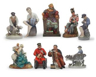 3039
A group of English and Continental porcelain figural groups
Mid-20th century
Five marked for Royal Doulton and titled, with issue codes; three marked for Royal Copenhagen, dated, and variously numbered: 627 / 905 / 772; one marked: B & G / Denmark / 1661 / SV
Comprising Royal Doulton figurines "The Old King," "The Professor," "St. George," "Past Glory," and "Drummer Boy," with Royal Copenhagen figurines "The Whittler," a boy and calf, and a figure of a man with sheep, also with a Bing & Grondahl accordion player figure
8 pieces
Largest: 10.25" H x 5.625" W x 5.875" D; Shortest: 6.625" H x 6.75" W x 4.5" D
Estimate: $300 - $500
