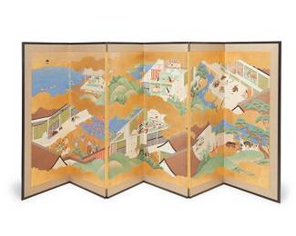 3228
A Japanese six-panel byobu screen
20th century
The painted and gilt rice paper screen in a wood frame, each panel coming together to depict various domestic and village scenes, within a gold-toned fabric border
Outer panels: 49.75" H x 19" W x 0.75" D; Stored: 4" D
Estimate: $500 - $700