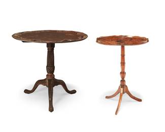 3102
Two George III occasional tables
Late 18th/early 19th century
Each pedestal table with tripod base, comprising a mahogany tilt-top table with later carved top and legs, and a burlwood candlestand with shaped gallery
2 pieces
Tilt-top: 29.25" H x 32.25" Dia.; Candlestand: 27" H x 21" W x 16.5" D
Estimate: $300 - $500