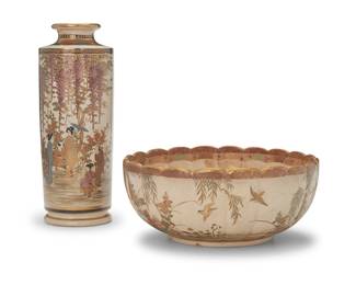 3225
Two Japanese Satsuma pottery vessels
Circa Taisho Era (1912-1926) or later
Each marked in gilt on black with Shimazu crest; bowl marked for Kitamura Yaichiro (1868-1926)
The painted and gilt vessels, comprising a bowl with scalloped rim, depicting waterfowl within a waterfront scene, and a vase depicting figures and wisteria
2 pieces
Bowl: 3.75" H x 8.625" Dia.; Vase: 9.75" H x 3.625" Dia.
Estimate: $300 - $500