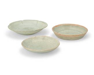 3242
Three East Asian celadon ceramic dishes
Western Jin Dynasty (266-420 CE) or later
Possibly Yue ware
3 pieces
Largest: 1" H x 4.375" Dia.; Smallest: 0.75" H x 3" Dia.
Estimate: $300 - $500