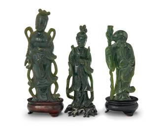 3159
Three Chinese carved nephrite figures
20th century
Comprising two beauties and one sage
3 pieces
Largest: 7.25" H x 2.25" W x 1.125" D; Smallest: 5.75" H x 2.625" W x 1.125" D
Estimate: $300 - $500