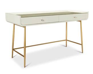 3306
A Miranda Kerr 'Allure' vanity desk for Universal Furniture
2020
With dated manufacturer's label to underside, model 956813
The faux leather and glass top on a lacquered wood console featuring two drawers with mother of pearl pulls, raised on a gold-toned metal frame
31.25" H x 54" W x 23" D
Estimate: $300 - $500