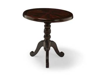 3104
A Continental-style wood pedestal side table
Late 20th century
The table with circular top raised on a lobed turned standard on a three scrolled legs
26" H x 25.5" Dia.
Estimate: $100 - $200