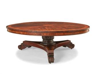 3100
An English banded hardwood circular coffee table
19th century
The tabletop with burlwood border, mounted to a pedestal with four legs ending in scrolled feet
19.5" H x 53.5" Dia.
Estimate: $300 - $500