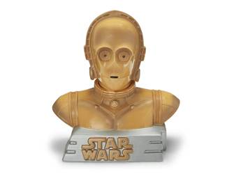 3317
A Star Wars ceramic C-3PO cookie jar
Late 20th century
Edition: 79/1000
Numbered and inscribed to underside: Star Limited Editions Jars / 029 / Treasure Craft / C-3PO / TM & © 1997 Lucasfilm Ltd.
The enameled ceramic figural lidded jar depicting Star Wars character C-3PO
15.75" H x 14.5" W x 10.5" D
Estimate: $200 - $300