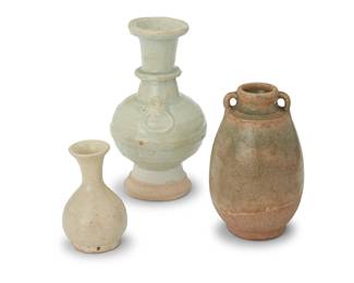 3246
Three East Asian glazed ceramic vessels
Circa 15th century or later
Likely Southeast Asian
3 pieces
Tallest: 6.125" H x 3.5" Dia.; Smallest: 3.25" H x 2.125" Dia.
Estimate: $300 - $500