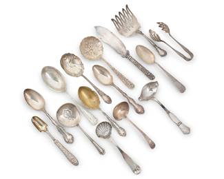 3006
A group of sterling silver serving utensils
20th century
Most marked for sterling and various makers
Comprising serving utensils and tongs, together with two non-sterling silver items and a silver-plated berry spoon, some monogrammed
15 pieces
Largest: 11" L
Total weighable silver: 26.2 oz troy approximately
Estimate: $500 - $700