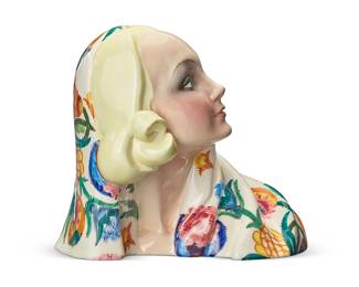 3318
Sandro Vacchetti (1889-1976)
A ceramic bust for Essevi, 1937
Signed, numbered, dated, and inscribed to underside: Essevi / Made in Italy / Torino / N. 300 / 10-7-37 / V.G.
Polychrome enameled ceramic depicting a woman with a shawl
8.5" H x 9.5" W x 6.5" D
Estimate: $300 - $500