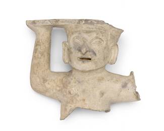 3269
A Pre-Columbian Tumaco-La Tolita figural pottery fragment
Circa 200 BCE-200 CE; Ecuador
The ceramic fragment of a larger figure, possibly depicted hoisting an object on its head, with incised facial features
8.25" H x 9.25" W x 5" D
Estimate: $100 - $200