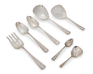 3018
A group of Gorham sterling silver 'Etruscan' flatware serving utensils
Mid-20th century
Each marked for Gorham and for sterling
Designed 1913, comprising 1 salad serving spoon (8.875"), 1 cold meat serving fork (8.625"), 1 bon bon spoon (4.75"), 1 tomato server (7.875"), 2 tablespoons (8.5"), and 1 five o'clock teaspoon (5.375"), monogrammed
7 pieces
Total weight: 12.7 oz. troy approximately
Estimate: $200 - $300