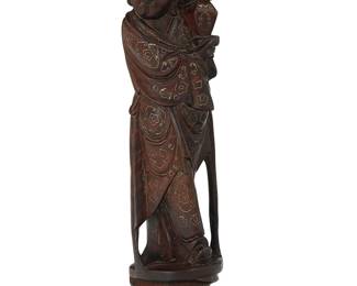 3191
A Chinese carved wood figure
20th century
Depicted hoisting a presentation box, with metal alloy inlaid accents throughout
11.25" H x 3.375" W x 2.5" D
Estimate: $100 - $200