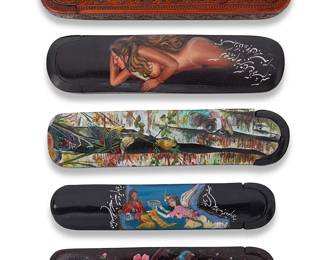 3319
A group of Persian polychrome wood and papier-mâché pen boxes
Late Qajar Dynasty (1789-1925) or later
Comprising two painted with figures, two depicting birds, and one with carved floral medallions
5 pieces
Longest: 9.125" L
Estimate: $500 - $700