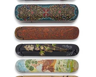 3320
A group of Persian polychrome wood and papier-mâché pen boxes
Late Qajar Dynasty (1789-1925) or later
Comprising one painted with a figure, two depicting birds, one depicting bamboo, one with carved floral medallions, and one with polychrome geometric motifs
6 pieces
Longest: 9.75" L
Estimate: $500 - $700