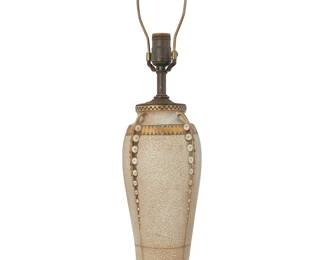 3333
A Secessionist vase mounted as a table lamp
Early 20th century
In the manner of Ernest Wahliss (1837-1900), the enameled vase converted to a gilt-metal mounted single-light lamp, electrified
Vase: 11.375" H x 5.25" Dia.; Without harp: 18.25" H
Estimate: $100 - $150
