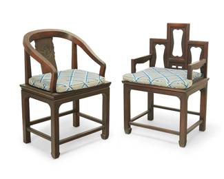 3206
Two Modern chinoiserie hardwood chairs
1963
Each with burn marked signature and date to underside: R. Westcott / Maker
Comprising one horseshoe chair and one with a stepped back, each with fabric upholstered seat cushion
2 pieces
Horseshoe: 35.75" H x 23" W x 22" D; Stepped: 38" H x 23.75" W x 20" D
Estimate: $300 - $500