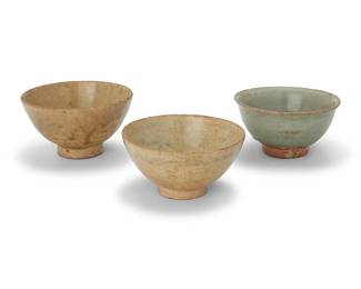 3244
Three East Asian celadon ceramic bowls
15th century or later
Likely Southeast Asian
3 pieces
Largest: 2.75" H x 5" Dia.; Smallest: 2.5" H x 4.875" Dia.
Estimate: $300 - $500