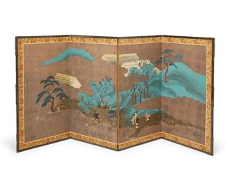 3229
A Japanese four-panel byobu screen
Late Edo/early Meiji Era (1603-1912) or later
The painted rice paper screen in a wood frame, each panel coming together to depict figures in a landscape, within a gold-toned fabric border
Outer panels: 43.625" H x 24.25" W x 0.75" D; Stored: 2.875" D
Estimate: $400 - $600