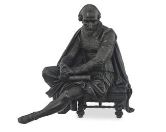 3064
A cast metal sculpture of William Shakespeare
20th century
Unmarked
The patinated metal figure of the playwright, depicted seated on a stool, deep in thought
12" H x 11.75" W x 8" D
Estimate: $200 - $400