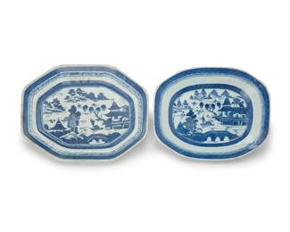 3114
Two Chinese Export blue and white porcelain serving platters
Late Qing Dynasty (1644-1912)
Larger marked to underside: CHINA
Each depicting a seaside village scene with fishing boats
2 pieces
Larger: 1.375" H x 13.75" W x 10.5" D; Smaller: 1.375" H x 12.25" W x 9.75" D
Estimate: $400 - $600