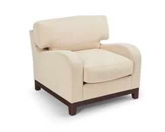 3297
A Contemporary upholstered armchair
Late 20th/early 21st century
Unmarked
The chair with textured cotton fabric upholstery on a wood frame
34" H x 36" W x 43" D
Estimate: $200 - $400