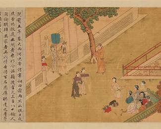 3214
A Chinese painting reproduction of a courtyard scene with figures, 19th/20th century
A Chinese painting reproduction with pigment on fabric mounted to Masonite, depicting a busy courtyard scene with various figures interacting, and printed red ink chopmarks in the lower left corner, as well as, other Chinese printed black ink characters in the left half of the work
Sight: 12.5" H x 21.25" W
Estimate: $300 - $500