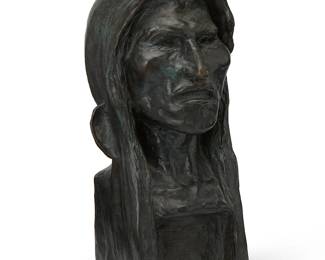 3061
After Frederic Remington
(1861-1909)
"The Savage," modeled 1908
Patinated bronze
Edition: 94/250
Signed, dated, and numbered in the casting: Frederic Remington; foundry mark: Roman Bronze Works Inc. NY; further marked: Copyright by Frederic Remington
11" H x 5.25" W x 5.875" D
Estimate: $200 - $400