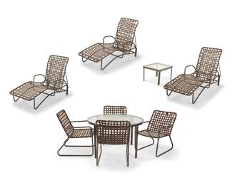 3355
An assembled suite of Brown Jordan 'Tamiami' and 'Lido' patio furniture
Mid/late 20th century
Each appears unmarked
Each brown powder-coated aluminum, comprising four 'Lido' patio chairs (31" H x 21.25" W x 24.5" D), each with brown vinyl strapping, one 'Tamiami' circular patio table (25.25" H x 41.5" Dia.) and one square patio side table (14.75" H x 20.5" W x 20.5" D), each with inset Aqualite glass, and three 'Lido' adjustable lounge chairs (fully reclined: 14.75" H x 80" W x 24.25" D)
9 pieces
Estimate: $700 - $900