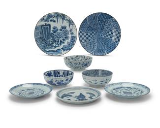 3125
A group of East Asian blue and white porcelain items
20th/21st century
Most variously marked in blue underglaze
Comprising Japanese Arita ware bowls and chargers, and Chinese plates, together with a Fitz and Floyd chinoiserie plate, each depicting various floral or bird motifs
8 pieces
Each bowl: 3.125" H x 8" Dia.; Largest plate: 13" Dia.
Estimate: $100 - $200